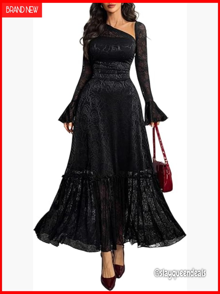 One Shoulder Lace Maxi Dress Floral Sheer Long Sleeve Ruffle Hem Formal Party